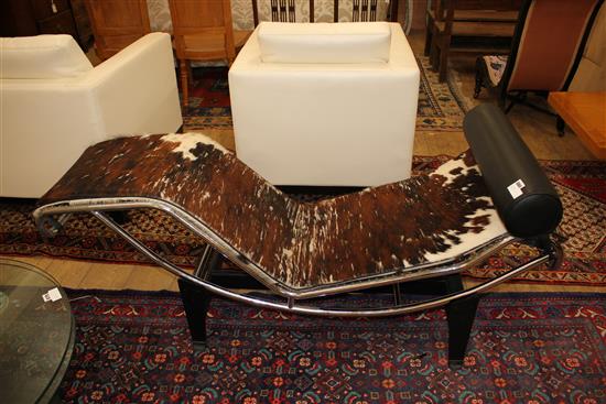 A modernist chromed and black painted steel day bed with pony skin upholstery, L.156cm W.58cm H.80cm